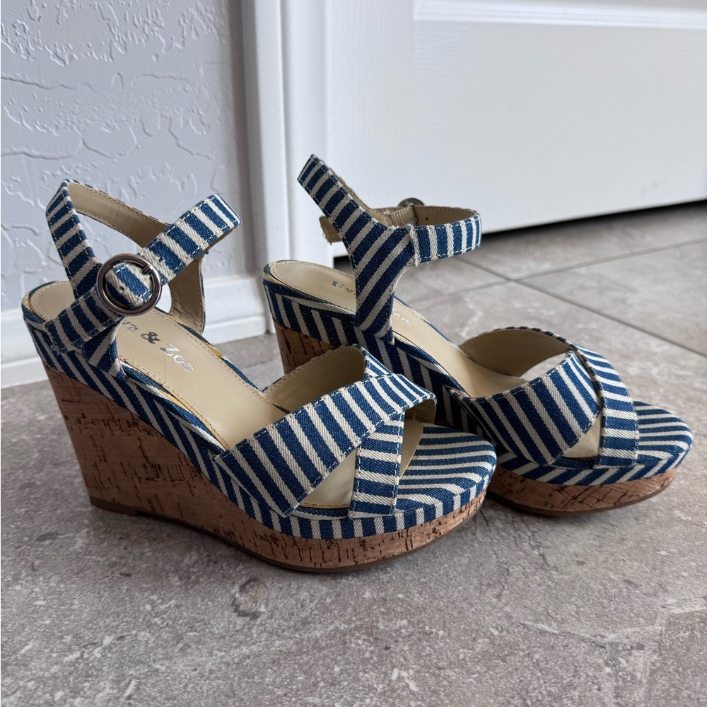Eva&Zoe Blue Striped Wedge Sandals